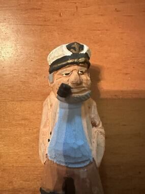 Hand-Carved Wood Sailor Captain Figurine w/ Pipe Nautical Folk Art